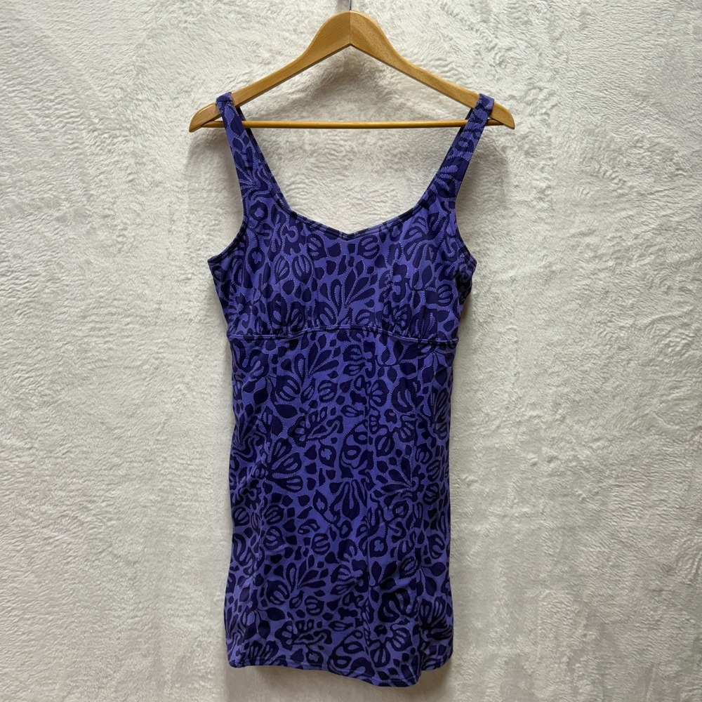 Lands' End Swimsuit One Piece Dress 18 Purple Floral Nylon Built In Bra Padded